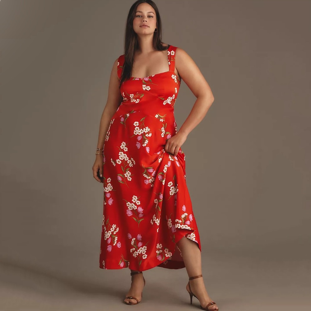 NWT Anthropologie Maeve The Jocelyn Midi Dress Cherry Blossom Floral Silk Red XL